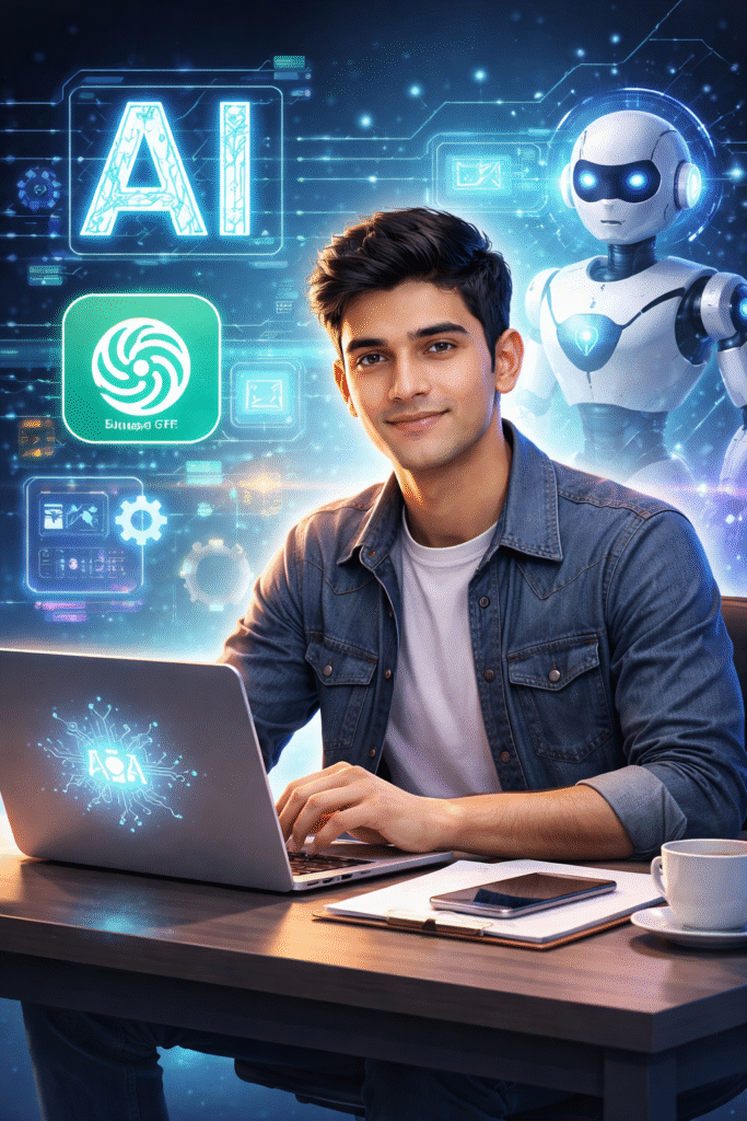 "A young South Asian man working on a laptop with glowing AI graphics, digital holograms, and a humanoid robot in the background, representing artificial intelligence and future technology."